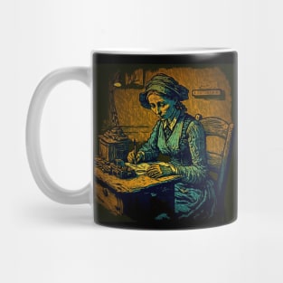 Van Gogh-style illustration of a woman sitting at a table Mug